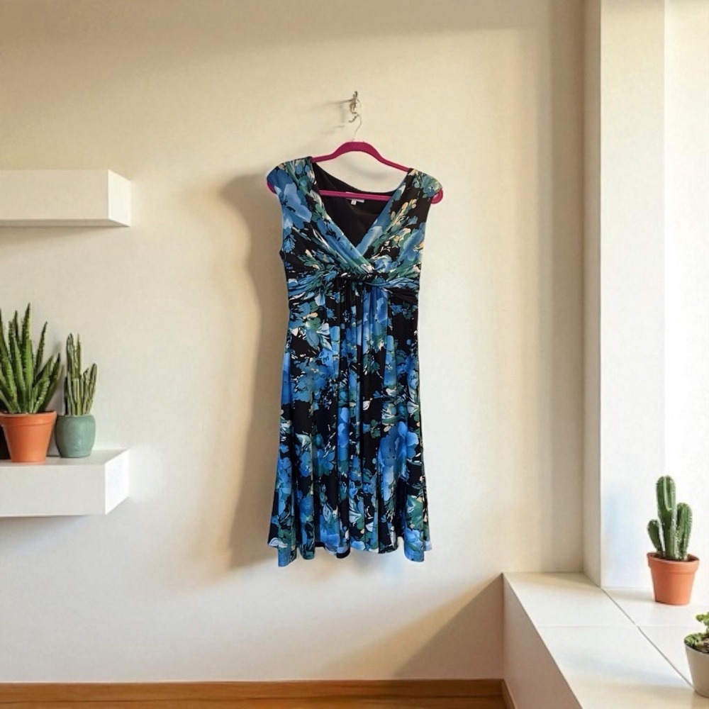 Jones Studio Career Dress Size 8 Pretty Floral Blue Green Black Workwear Office